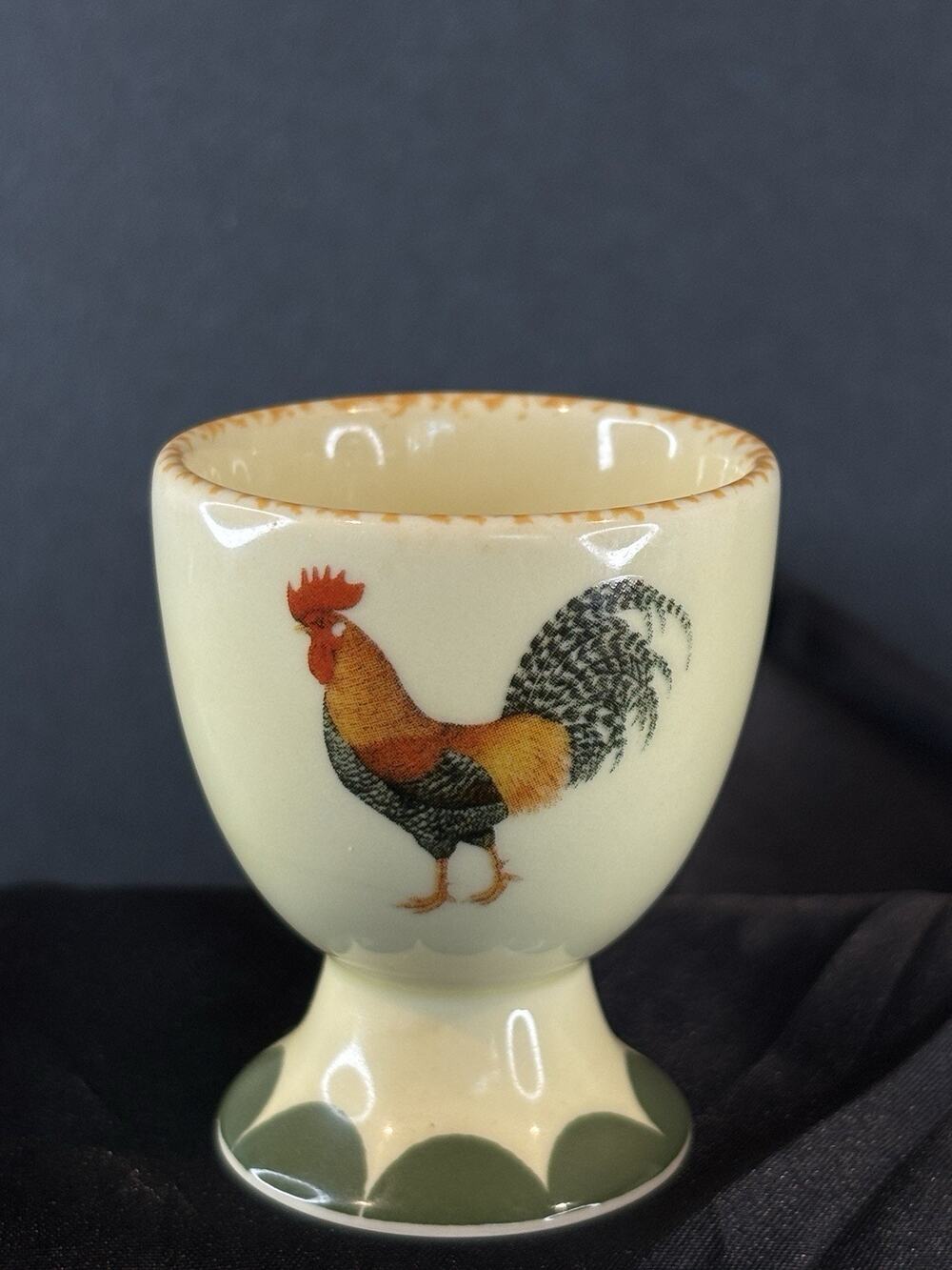 Cockerel Rooster Ceramic Egg Cup Pedestal Green Orange Farmhouse 2.5”
